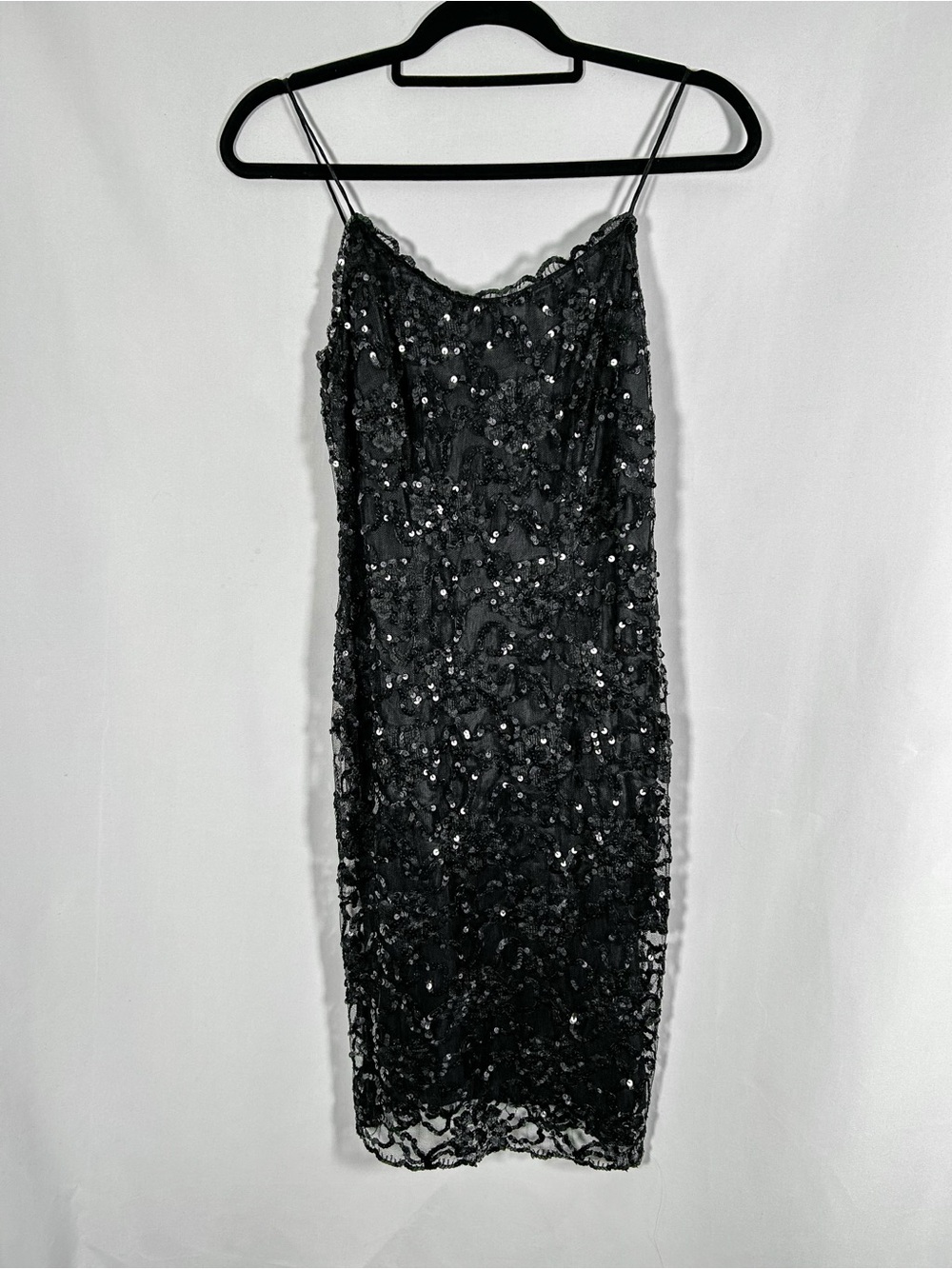 Vintage 90s Adrienne Vittadini Black Lace Sequin Mesh Slip Cocktail Dress